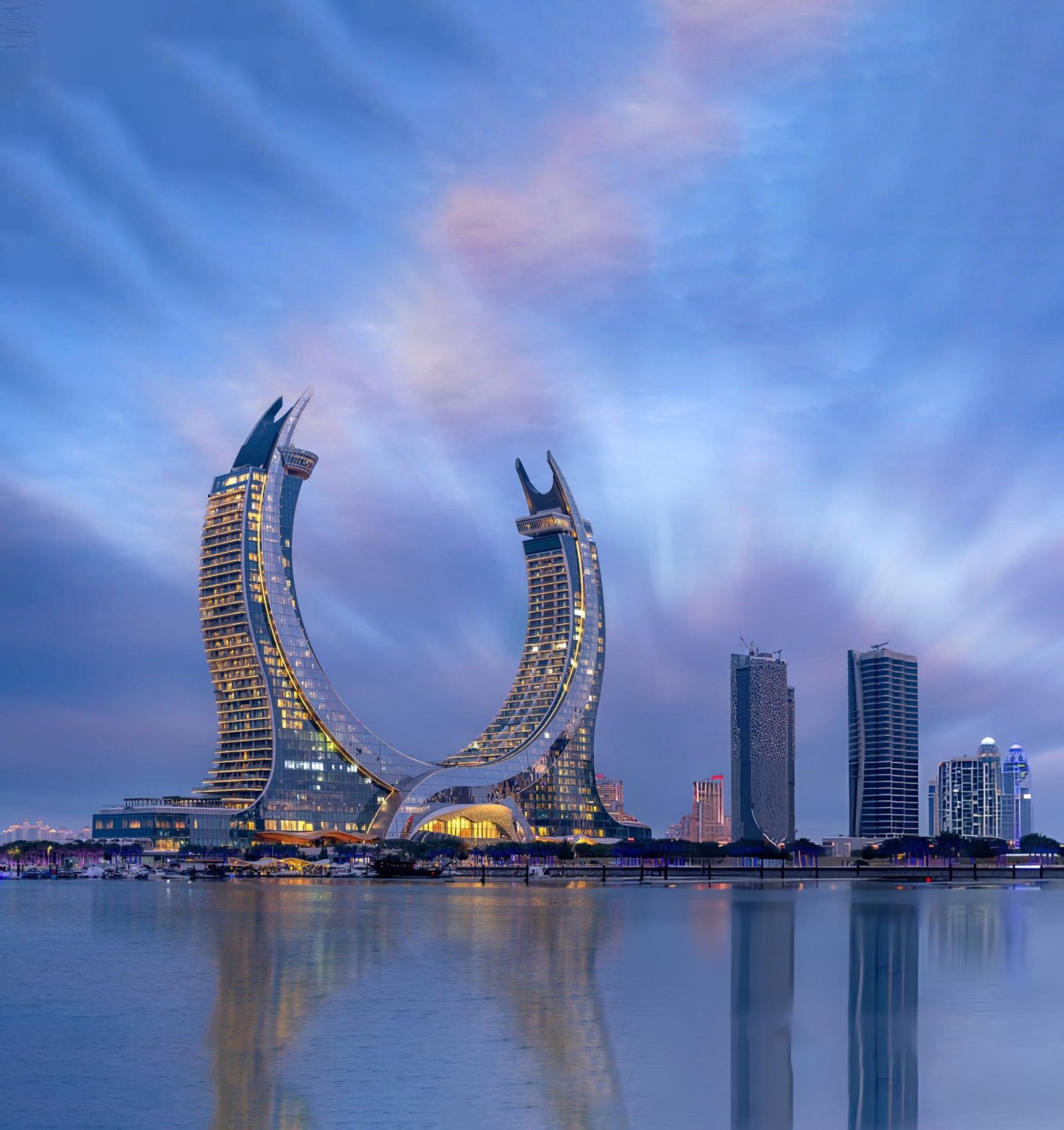 Katara Towers, Lusail, at dusk